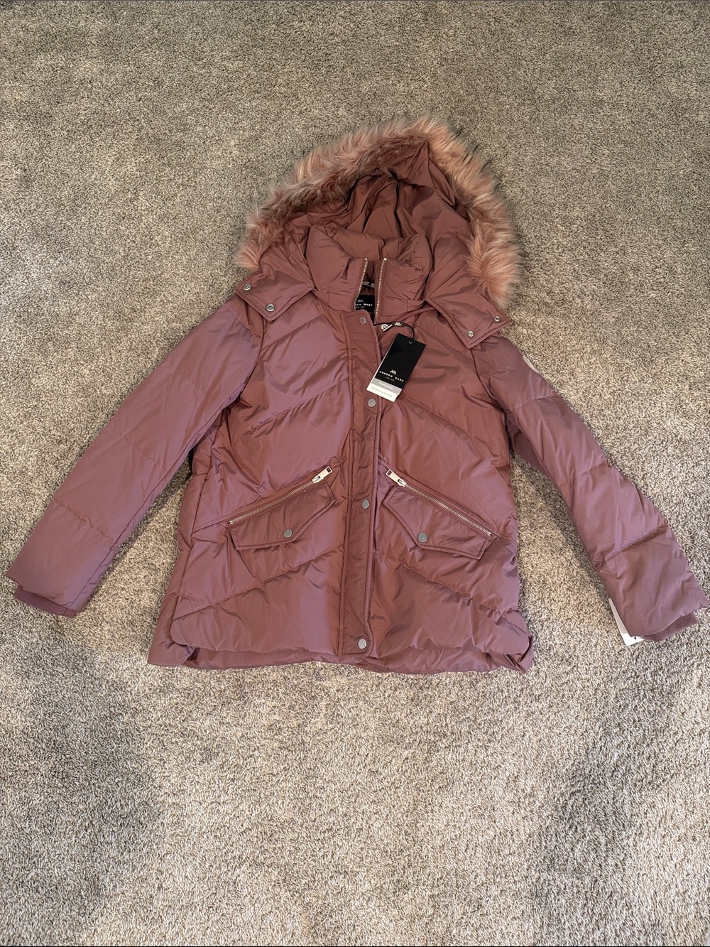 Andrew Marc Mauve Hooded Puffer Jacket with Faux Fur Trim